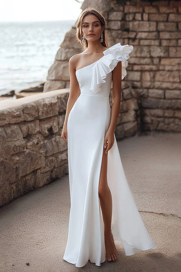 Ivory One Shoulder A-Line Ruffled Engagement Dress